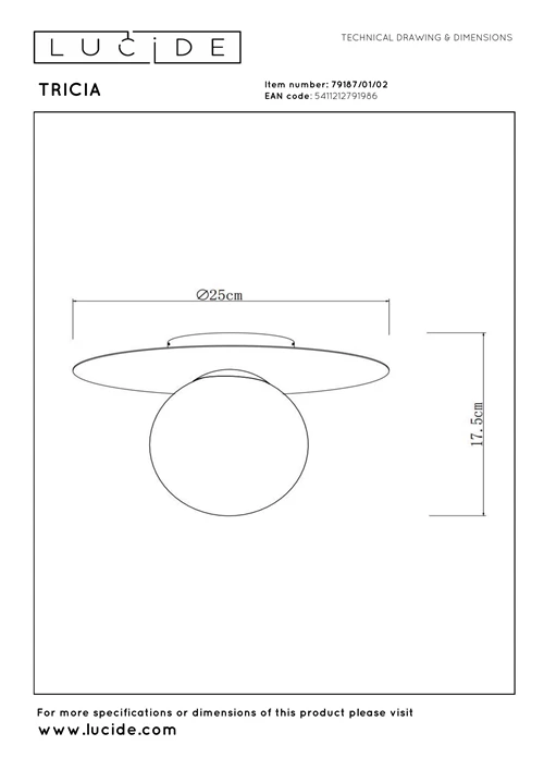 Lucide TRICIA - Plafonnier - Ø 25 cm - 1xE27 - Or Mat / Laiton - technique